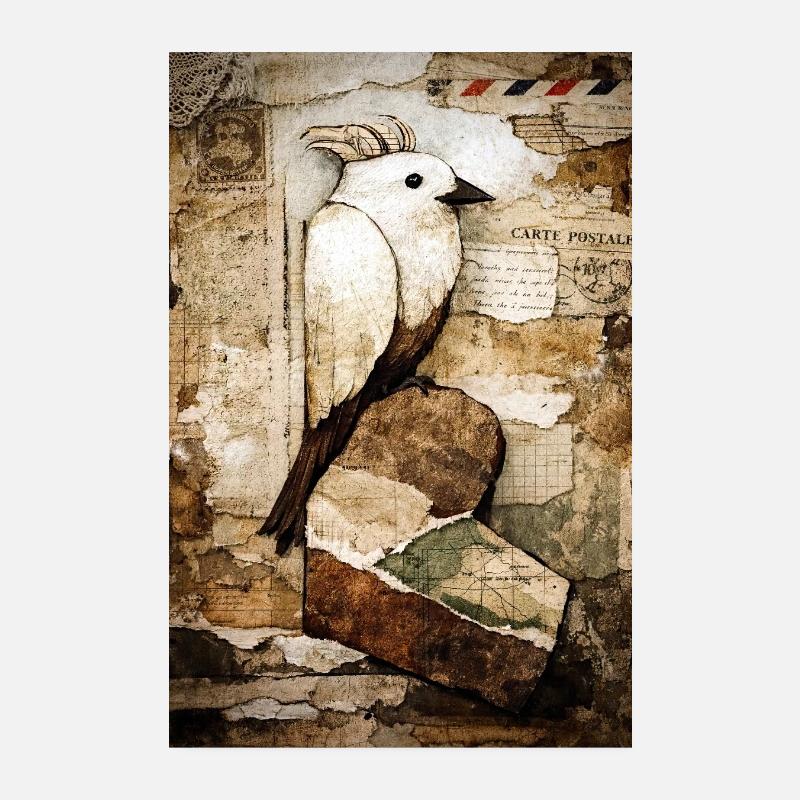 White Parrot in Vintage Collage Poster 8" x 12" (20x30 cm)
