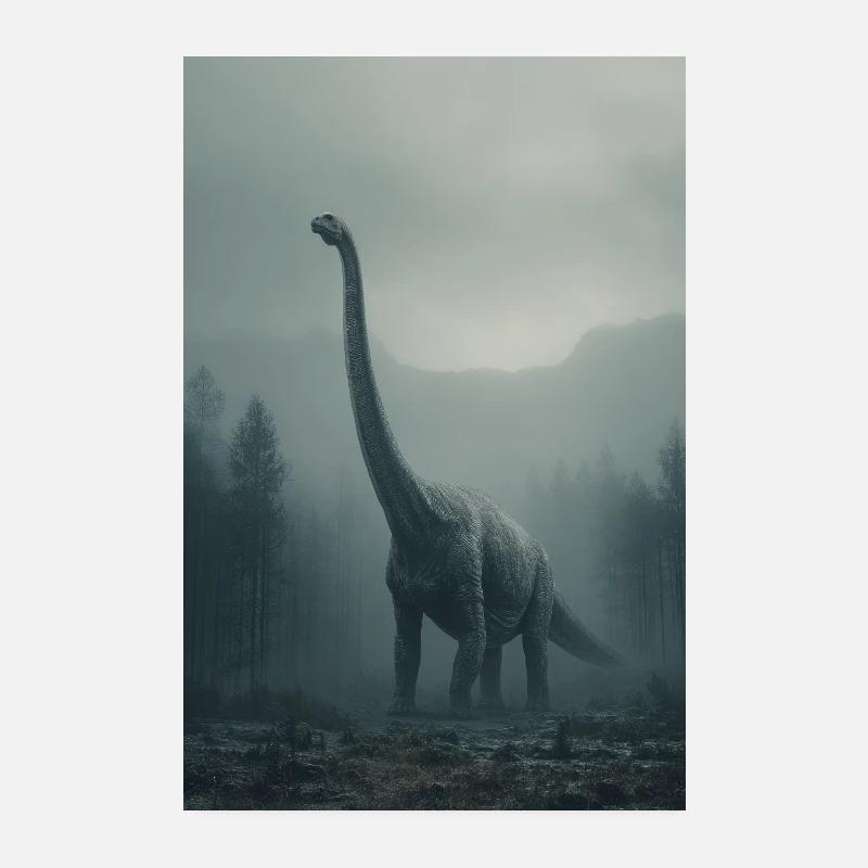 Dinosaure dans la forêt brumeuse aube Poster 20 x 30 cm