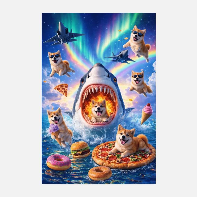 Requin avec pizza et chiens de l’espace Poster 20 x 30 cm