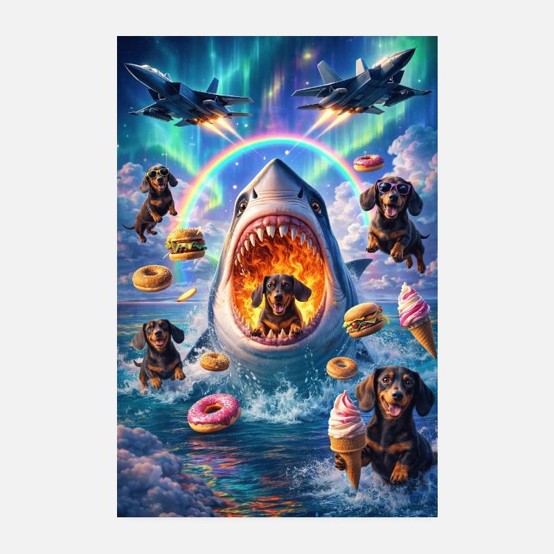 Requin, chiens et beignets – Scène surréaliste Poster 20 x 30 cm