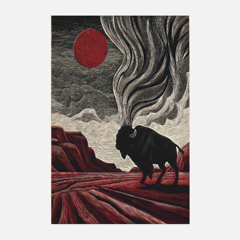 Bison Under Crimson Sun in Etched Landscape Poster 8" x 12" (20x30 cm)