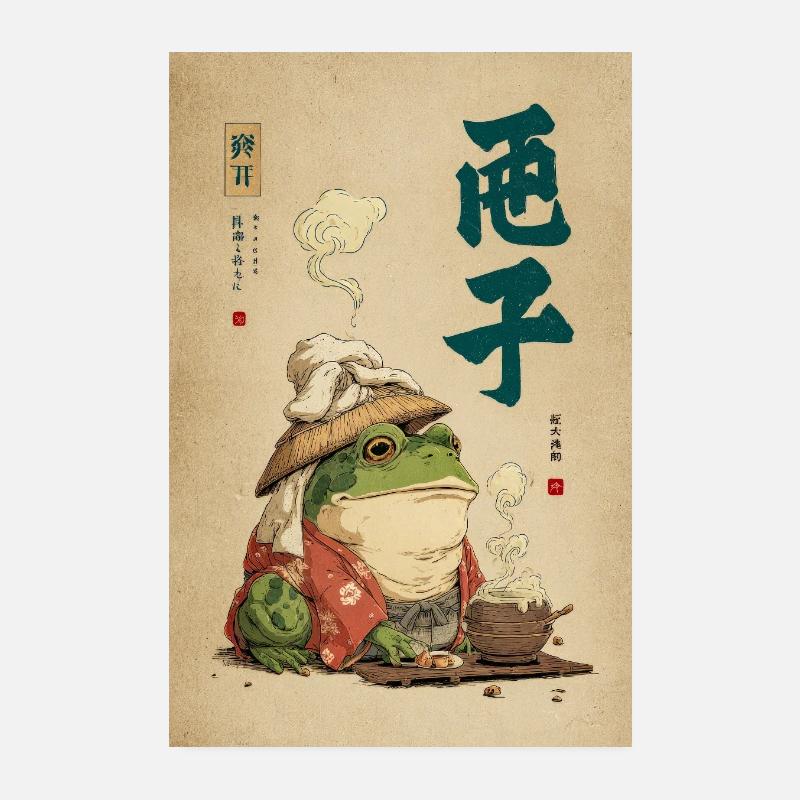 Frog Samurai in Silk Robe with Tea Poster 8" x 12" (20x30 cm)