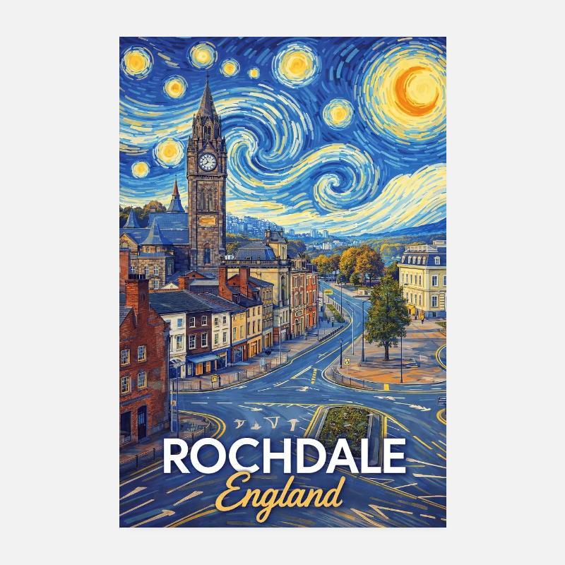 Rochdale England Starry Night Style Cityscape Poster 8" x 12" (20x30 cm)