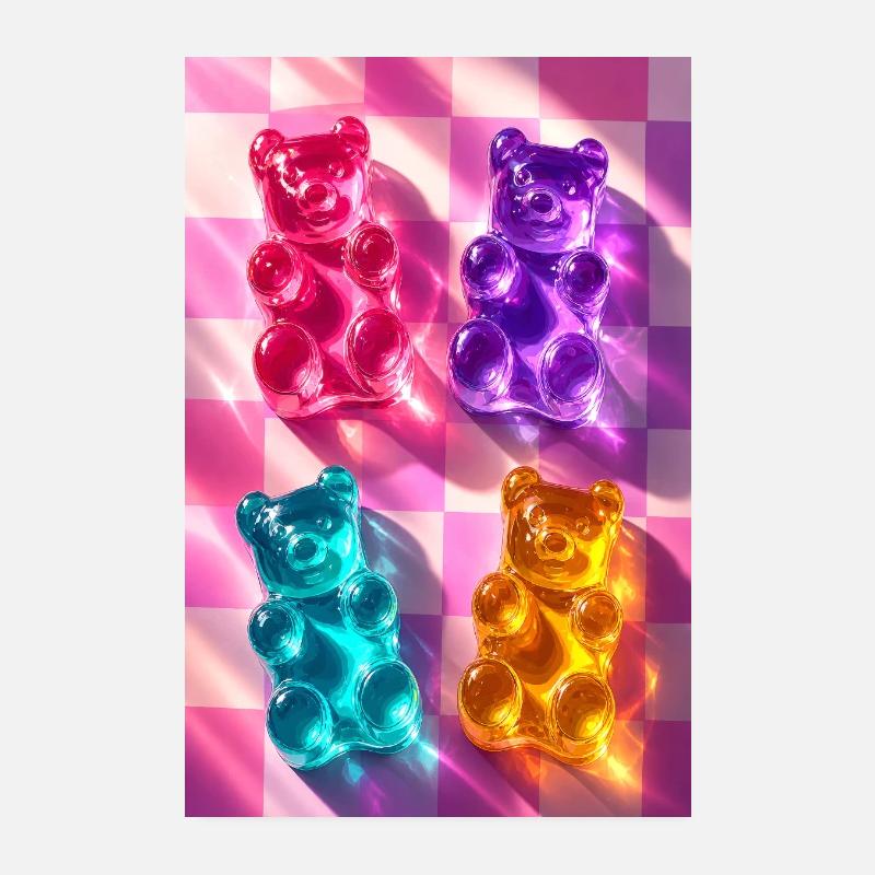 Neon Gummy Bears on Checkerboard Poster 8" x 12" (20x30 cm)
