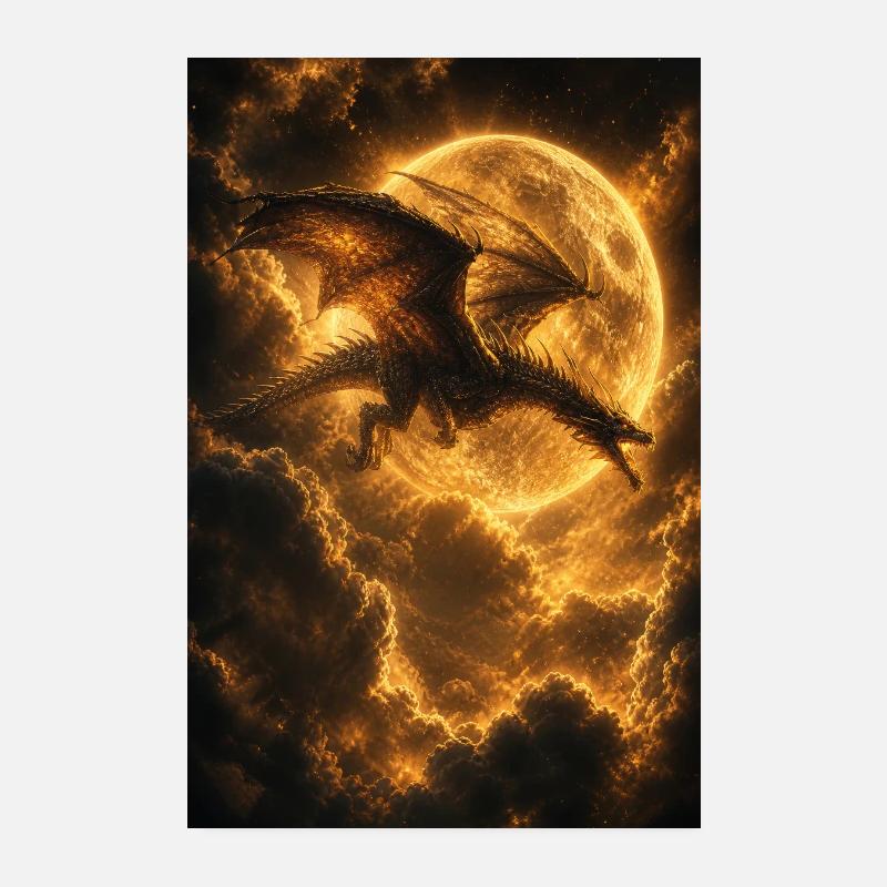 Dragon over Moonlit Ember Sky Poster 8" x 12" (20x30 cm)