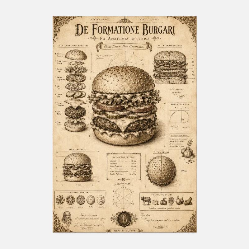 Vintage Burger Blueprint Poster 8" x 12" (20x30 cm)