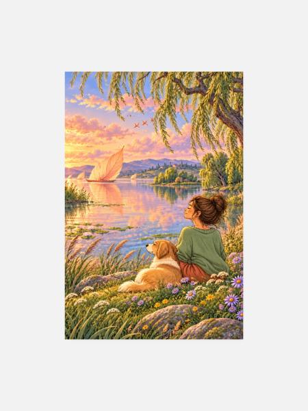 Frau und Hund am Traumsee - Poster 20x30 cm - Weiß - Vorne