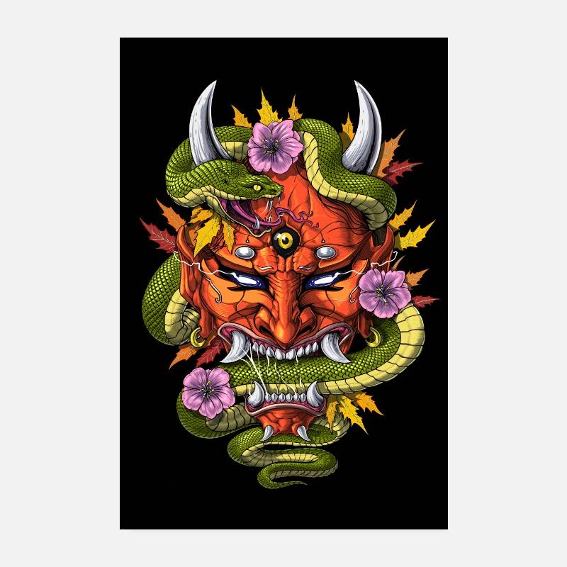 Japanischer Dämon Oni Maske - Poster 20x30 cm - Weiß