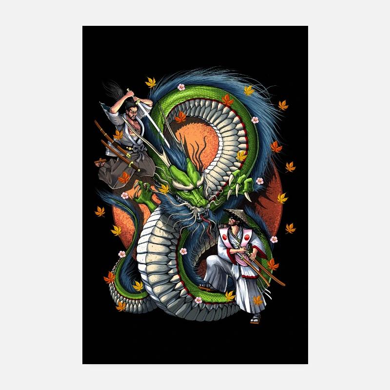 Bataille de guerriers samouraïs dragons japonais - Poster 20 x 30 cm - blanc