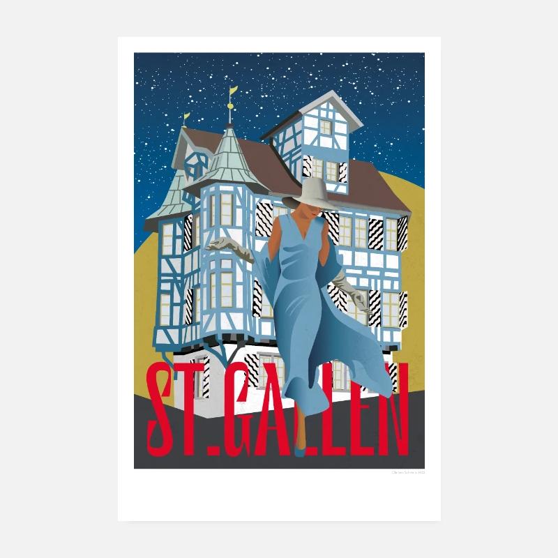 Maison Bleue | Saint-Gall | Affiche vintage Poster 20 x 30 cm