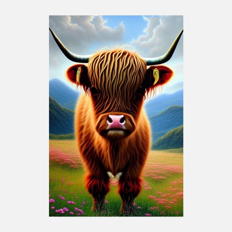 Mignon bébé vache sur une prairie fleurie Poster 20 x 30 cm