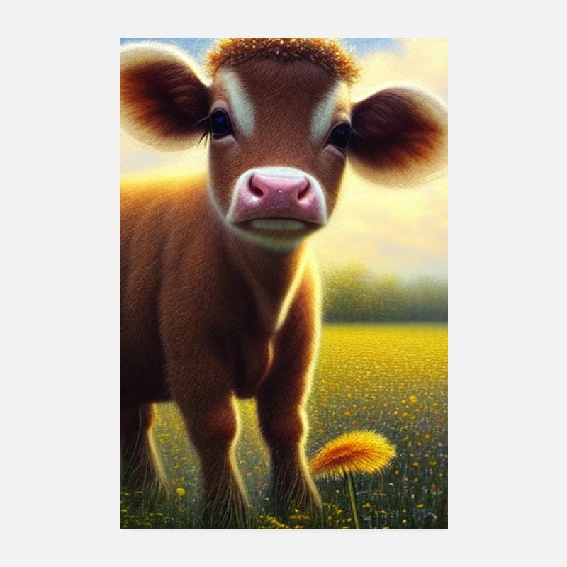 Mignon bébé vache sur une prairie fleurie Poster 20 x 30 cm