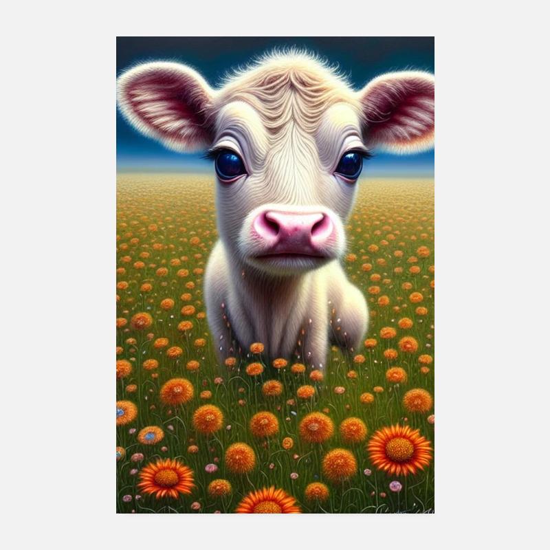 Süsse Baby Kuh auf einer Blumenwiese Poster 20x30 cm