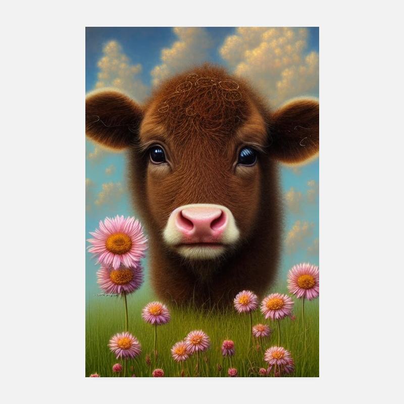 Mignon bébé vache sur une prairie fleurie Poster 20 x 30 cm