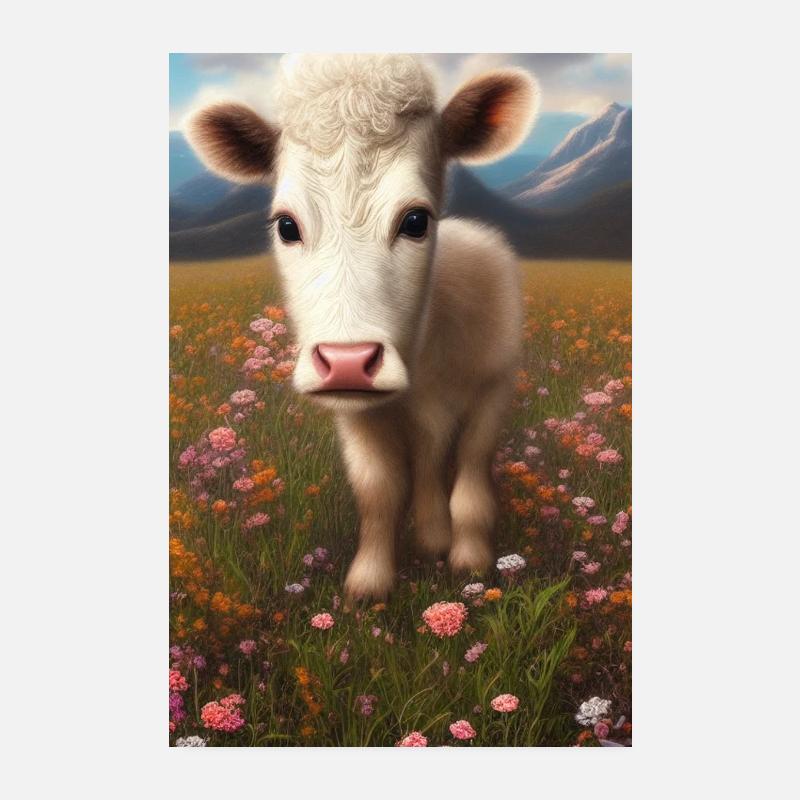 Mignon bébé vache sur une prairie fleurie Poster 20 x 30 cm