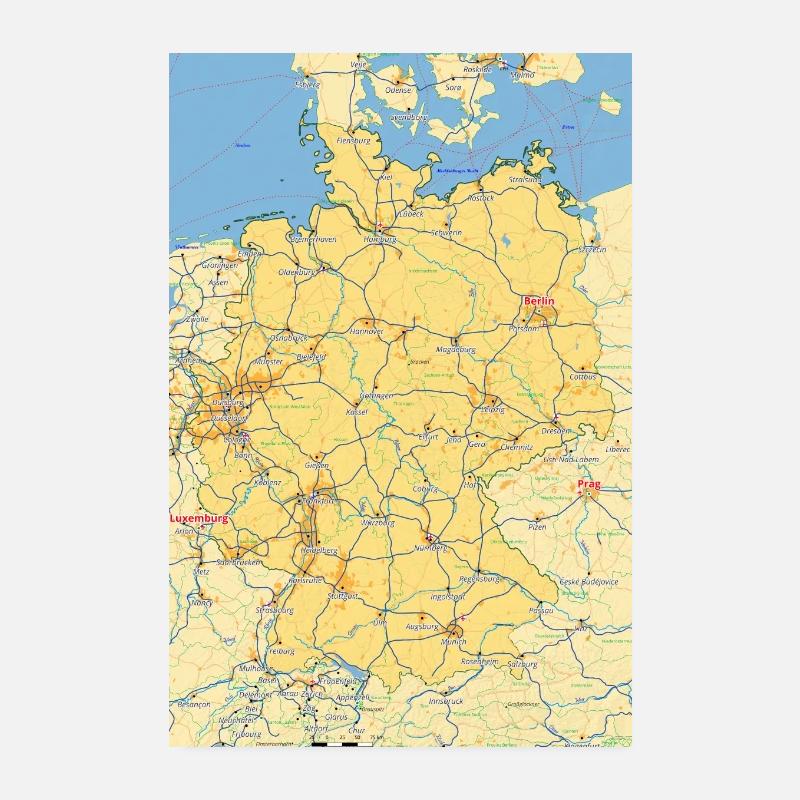Tyskland kort med byer, veje, floder, søer Poster 20x30 cm