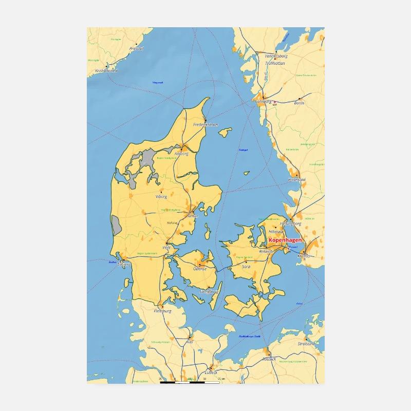 Danmarkskort med byer, veje, floder, søer Poster 20x30 cm