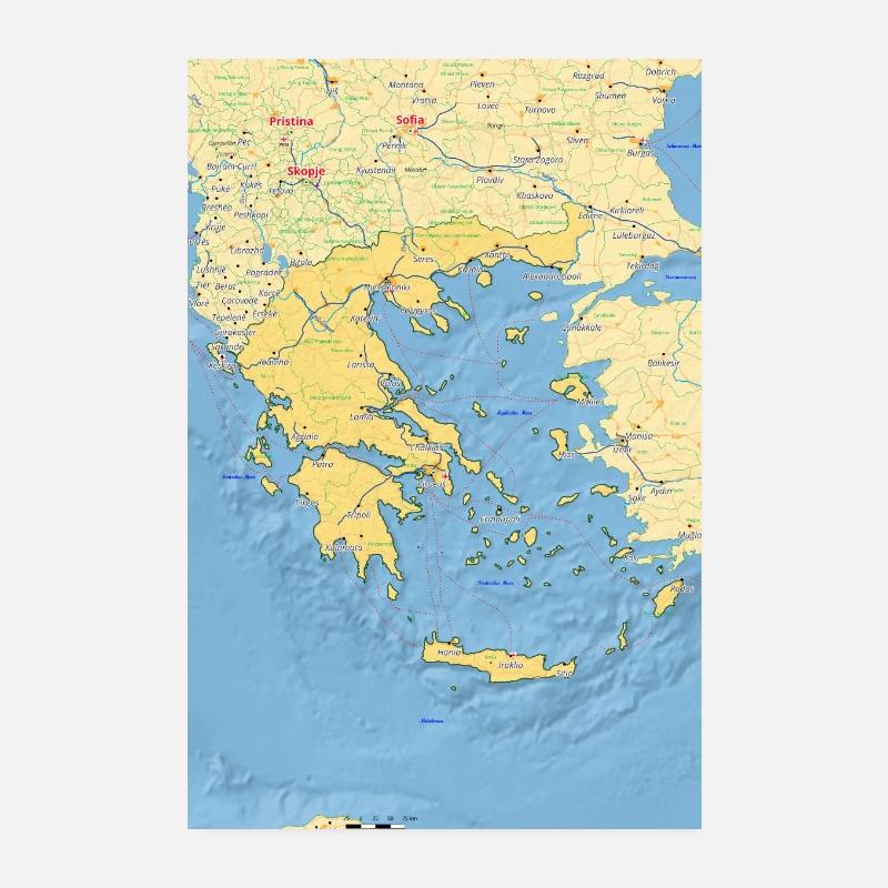 Greece map with cities, roads, rivers, lake Poster 8" x 12" (20x30 cm)