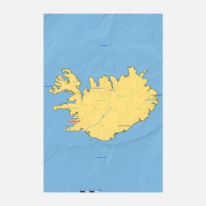 Iceland map with cities, roads, rivers, lakes Poster 8" x 12" (20x30 cm)