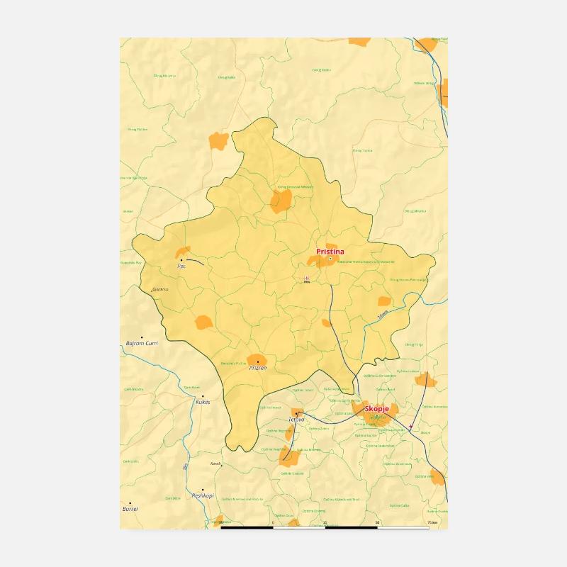 Kosovo map with cities, roads, rivers, lakes Poster 8" x 12" (20x30 cm)