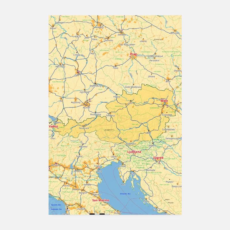 Østrig kort med byer, veje, floder, søer Poster 20x30 cm