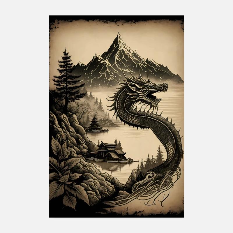 Dessin de dragon chinois Poster 20 x 30 cm
