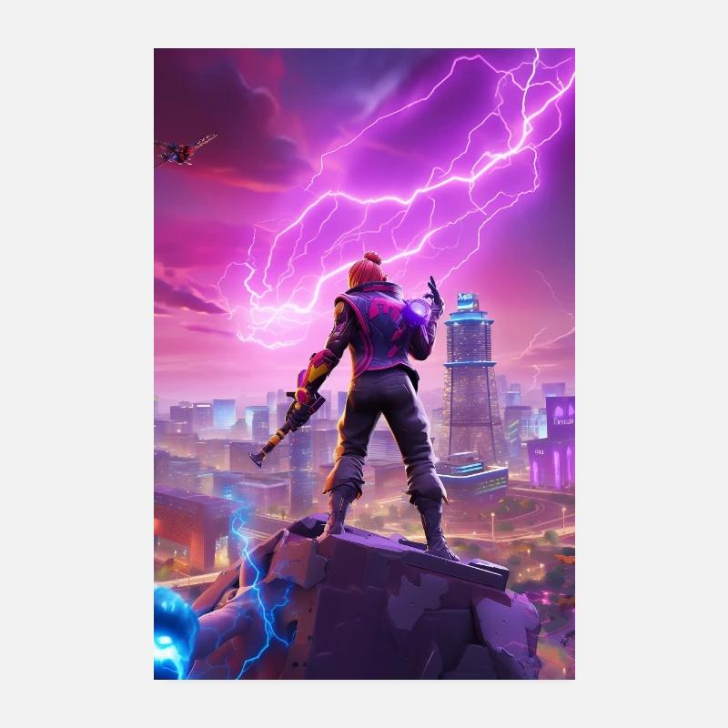 Superheld mit Blitzen vor einer Stadt Poster 20x30 cm