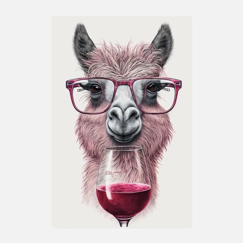 Affiche de lama drôle - Verres et vin rouge Poster 20 x 30 cm