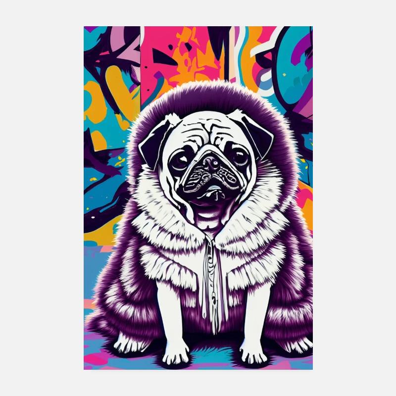 Carlin en manteau de fourrure devant un mur de graffitis | Pop art Poster 20 x 30 cm