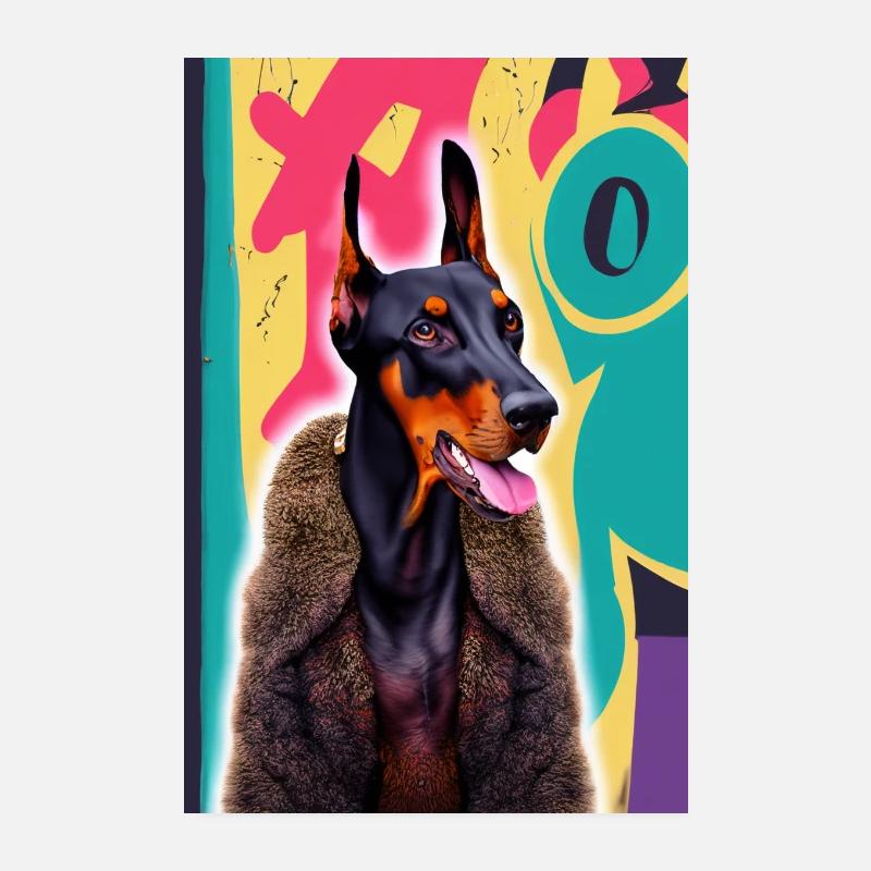 Bosshafter Dobermann im Pelzmantel vor Graffiti Poster 20x30 cm