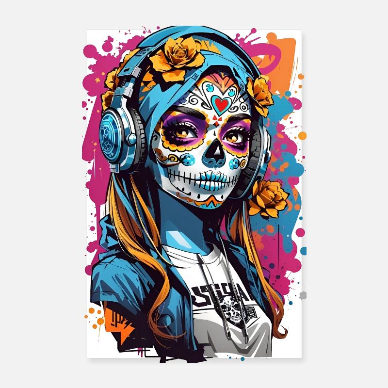 Totenkopfmädchen mit Kopfhörern Poster 20x30 cm