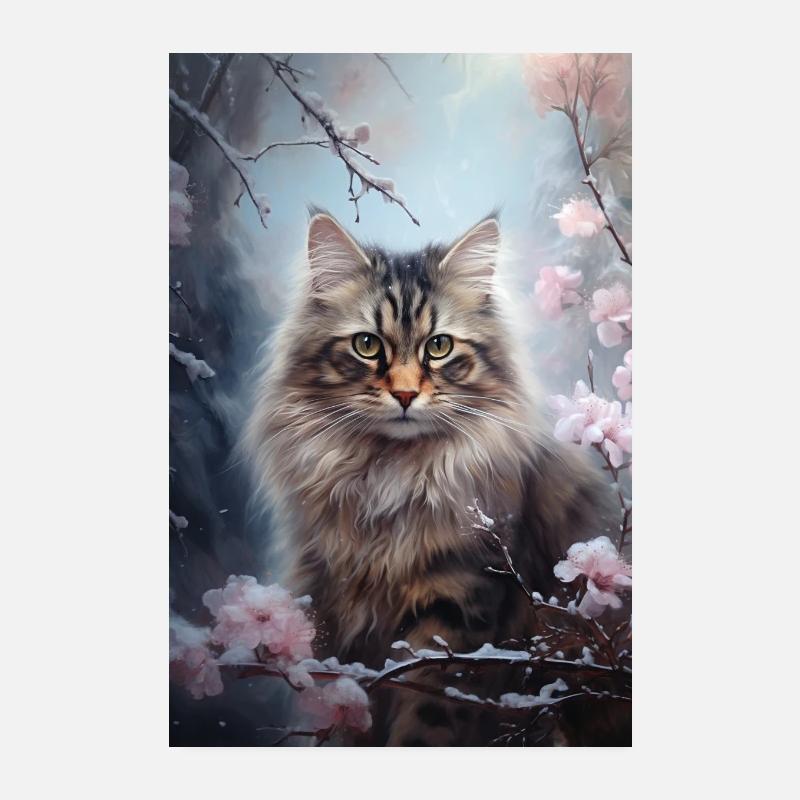 Katze mit Blumen im Schnee Poster 20x30 cm