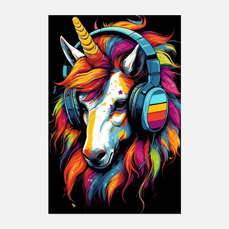 Buntes Einhorn mit Kopfhörer Musik Pferde Poster 20x30 cm