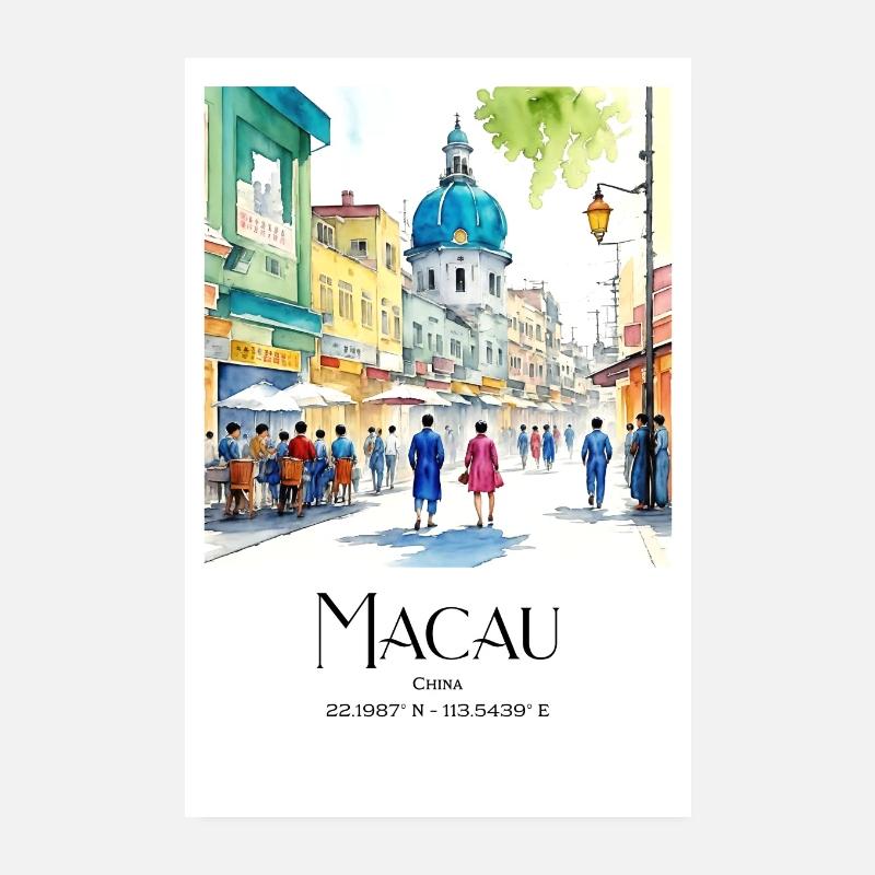Menschen in Macau bei Tag – Aquarell-Gouache-Stil Poster 20x30 cm