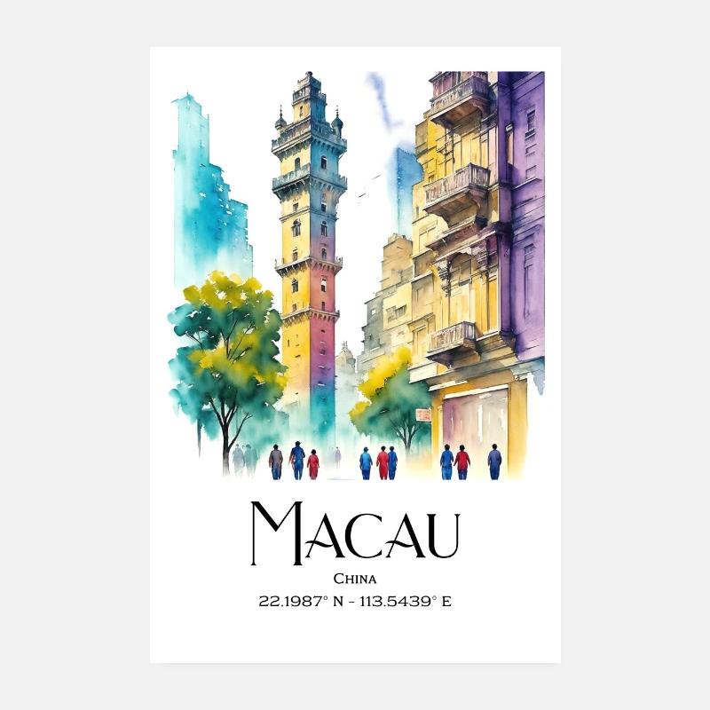 Menschen in Macau bei Tag – Aquarell-Gouache-Stil Poster 20x30 cm