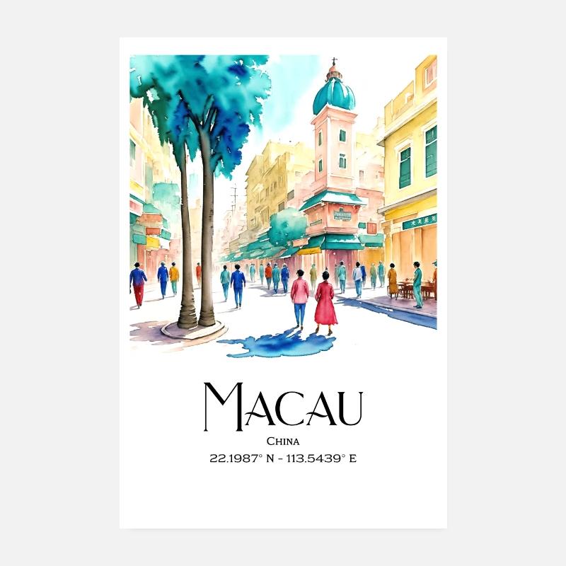 Menschen in Macau bei Tag – Aquarell-Gouache-Stil Poster 20x30 cm