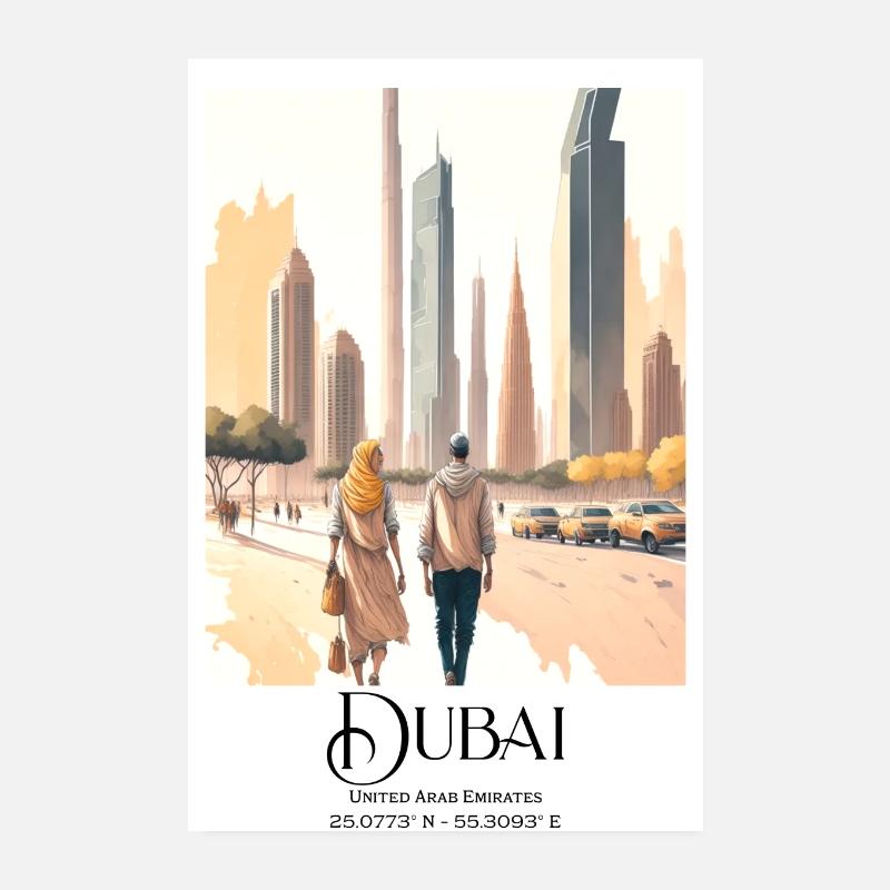 Couple marchant devant le Burj Khalifa à Dubaï Poster 20 x 30 cm