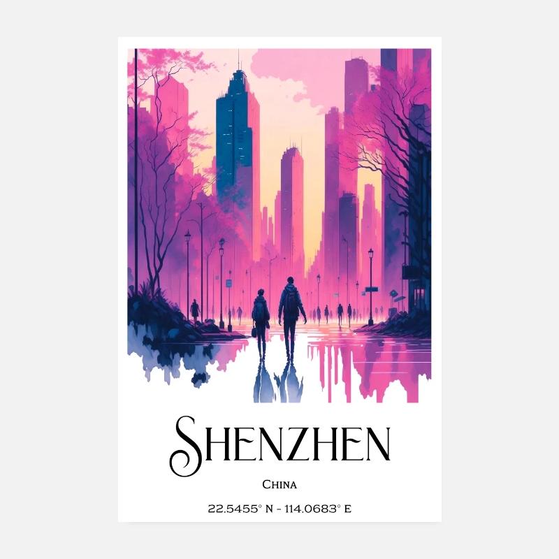 Coucher de soleil Orange Aquarelle Shenzhen Chine Poster 20 x 30 cm