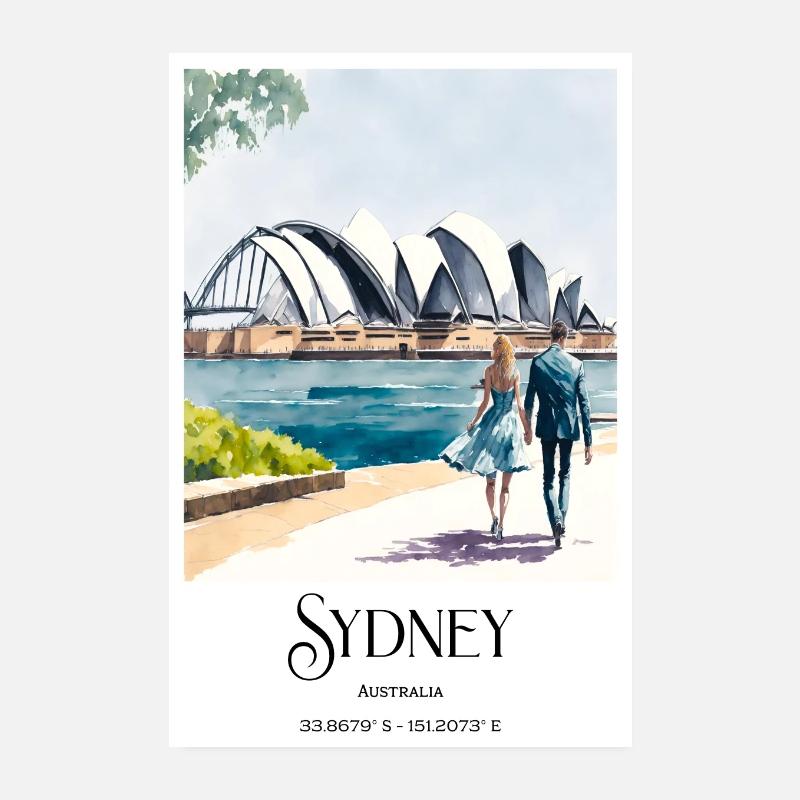 Aquarelle Sydney Lovers Harbor Croisière à l’Opéra Poster 20 x 30 cm