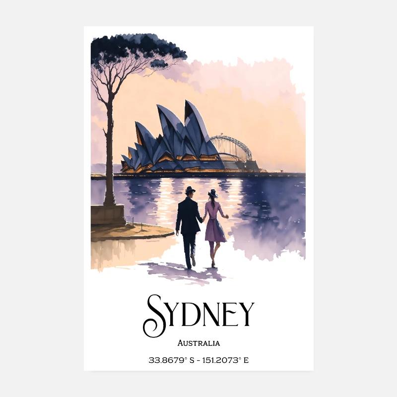 Aquarelle Sydney Lovers Harbor Opéra Coucher de soleil Poster 20 x 30 cm