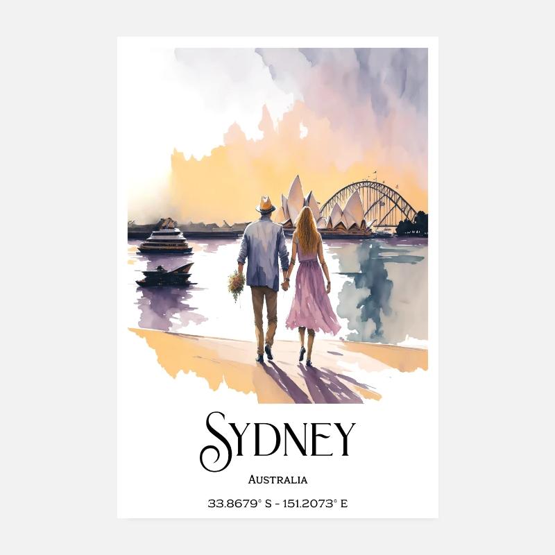 Aquarelle Sydney Lovers Harbor Opéra Coucher de soleil Poster 20 x 30 cm
