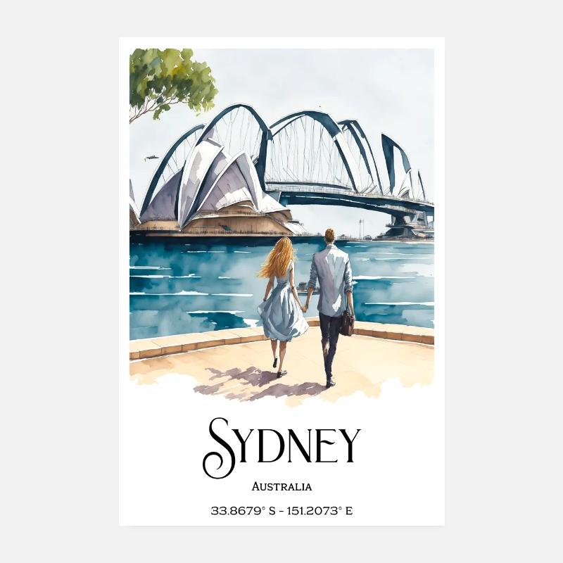 Aquarelle Sydney Lovers Harbor Croisière à l’Opéra Poster 20 x 30 cm