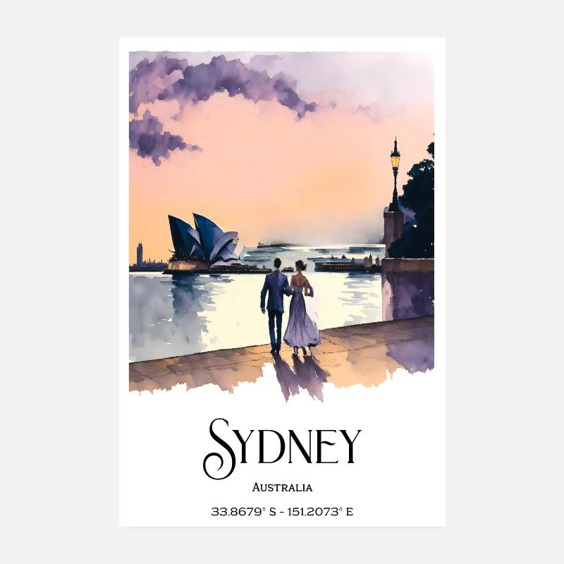 Aquarelle Sydney Lovers Harbor Opéra Coucher de soleil Poster 20 x 30 cm