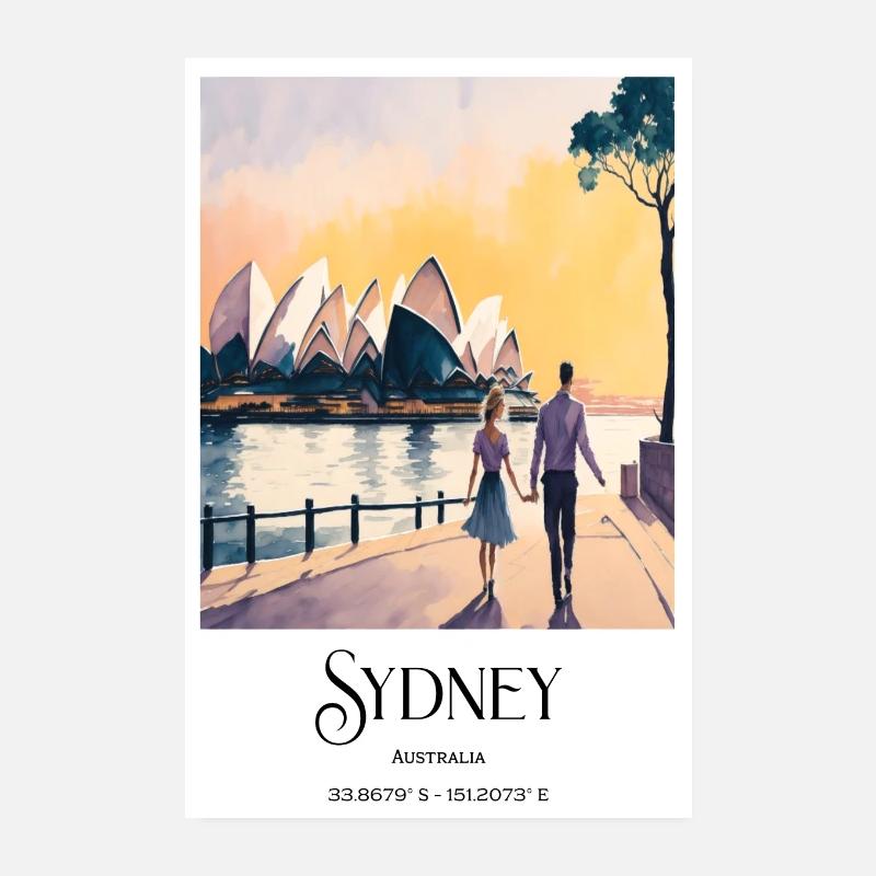 Watercolor Sydney Lovers Harbor Opera House Sunset Poster 8" x 12" (20x30 cm)