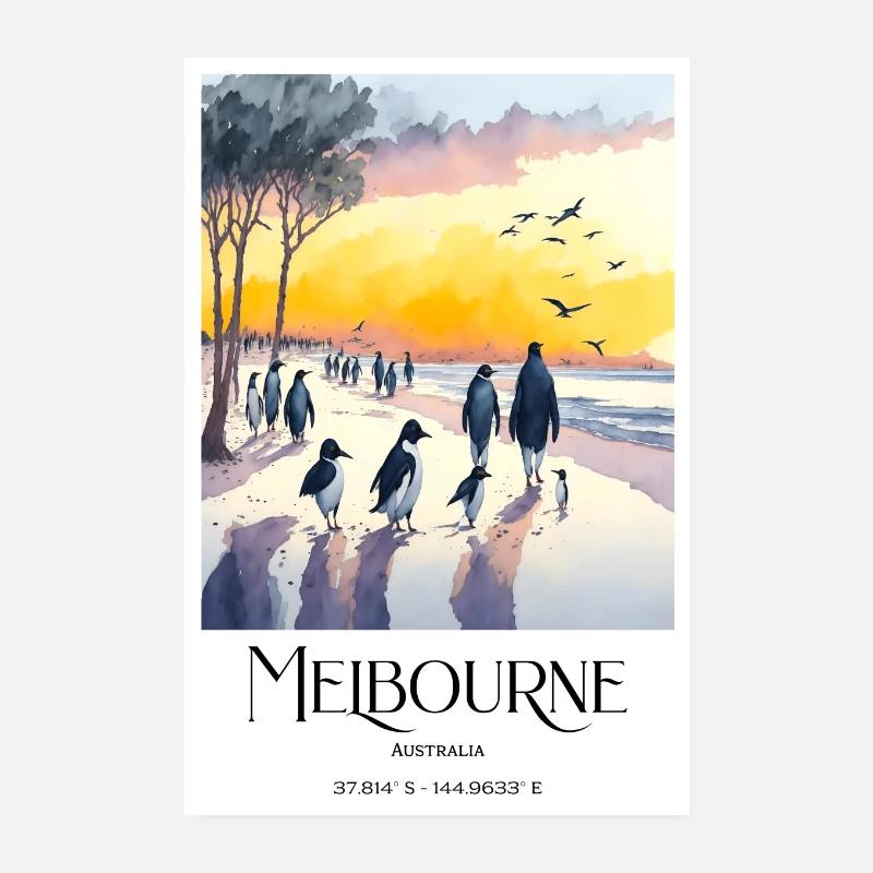 Aquarelle Pingouins Melbourne Beach Coucher de soleil Poster 20 x 30 cm