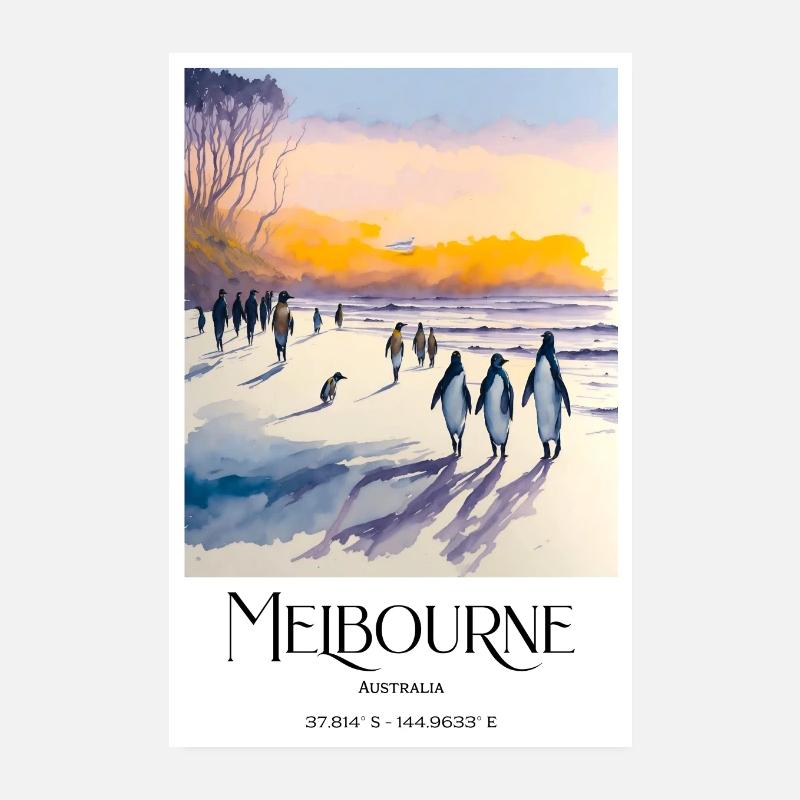 Watercolor Penguins Melbourne Beach Sunset Poster 8" x 12" (20x30 cm)