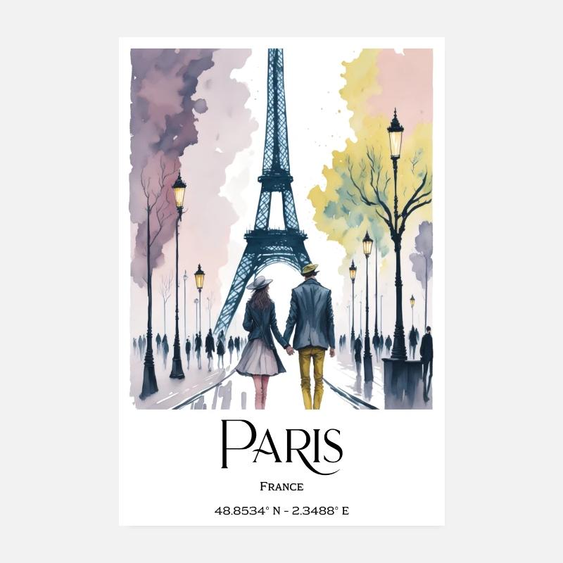 Couple walking in Paris at the Eiffel Tower Poster 8" x 12" (20x30 cm)