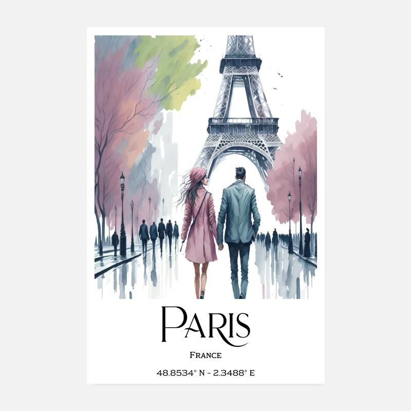 Paar geht in Paris spazieren am Eiffelturm Poster 20x30 cm
