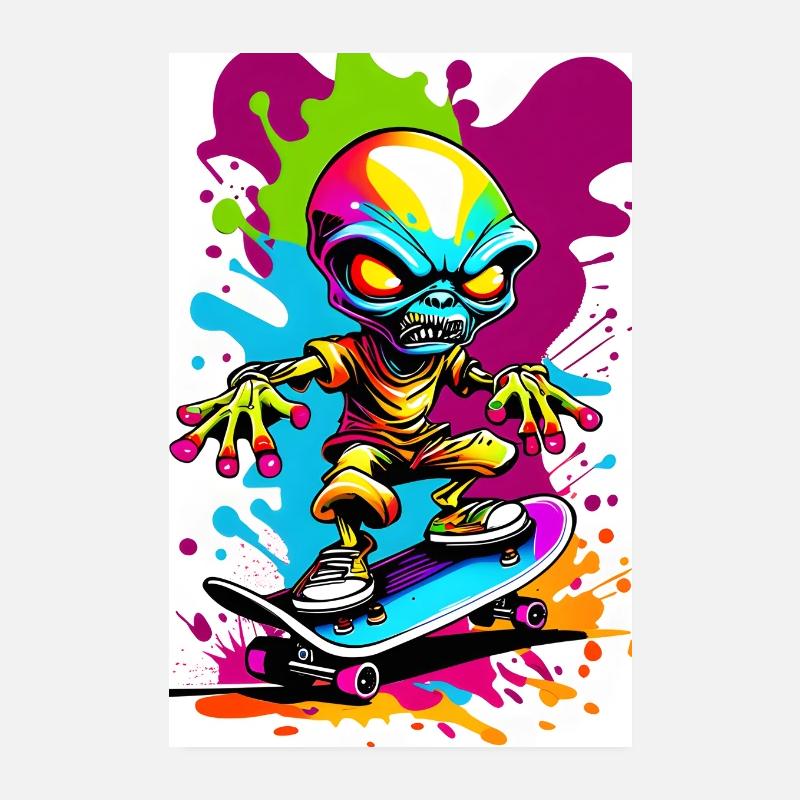 Alien sur skateboard illustration de graffiti coloré Poster 20 x 30 cm
