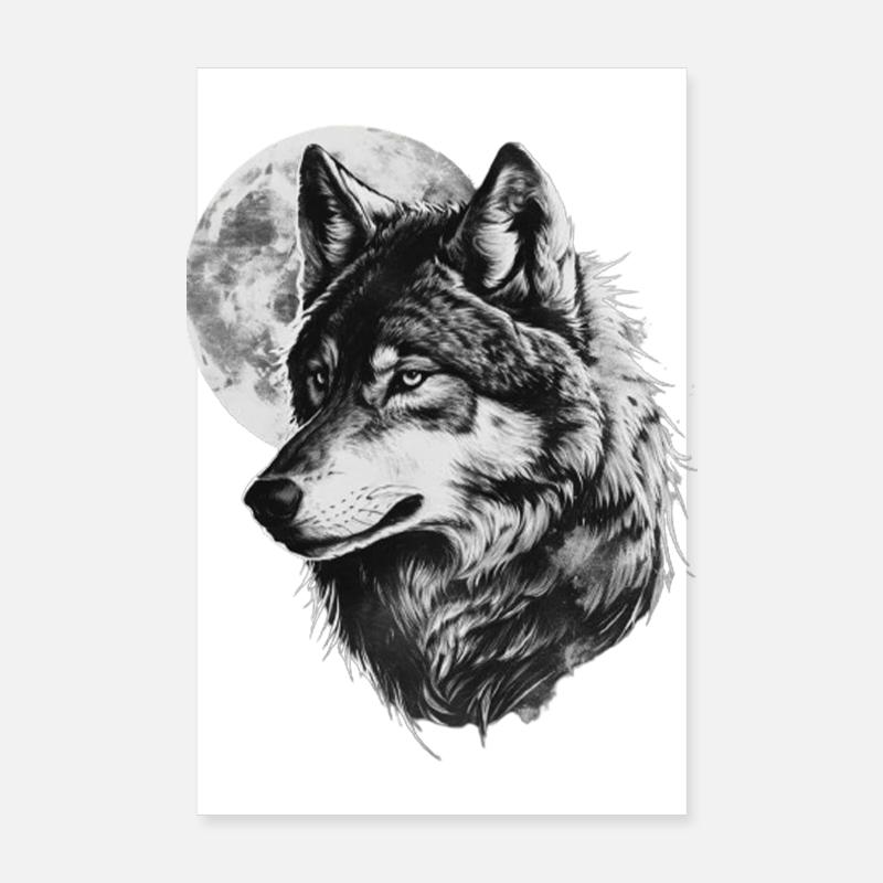 Wolf heult den Mond an - Poster 20x30 cm - Weiß